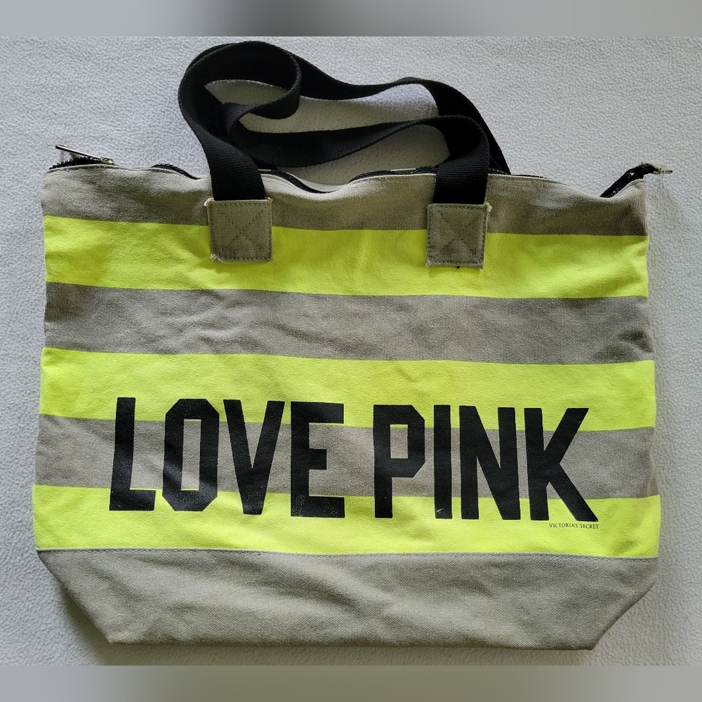 Victoria's Secret Love Pink Tote - Neon Yellow and Gray, Zipper Closure